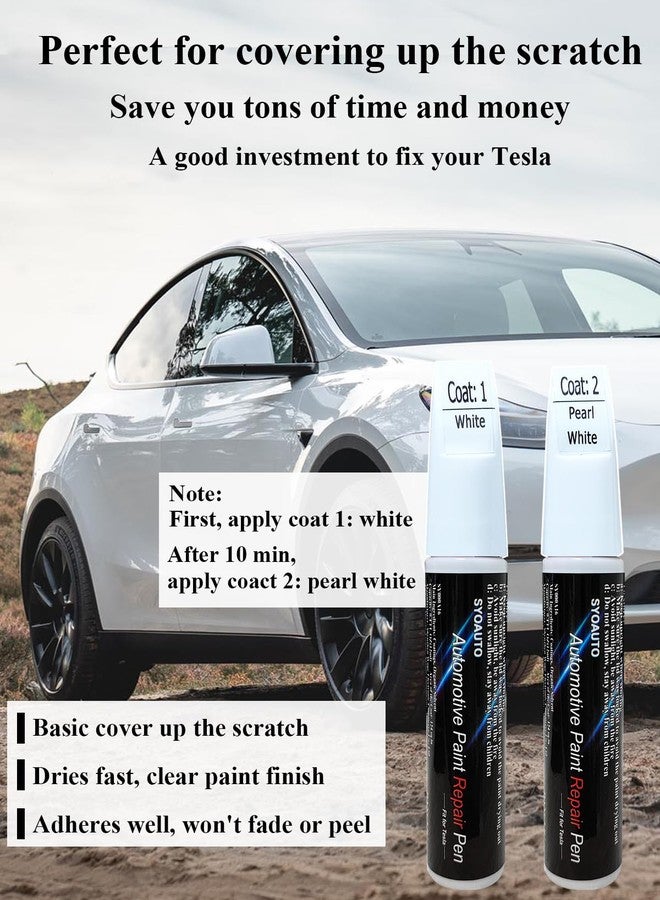SYOAUTO قلم طلاء SYOAUTO Pearl White PPSW لإصلاح خدوش السيارات Tesla Model Y 3 XS، 0.4 أونصة، قلم إصلاح خدوش السيارات، فرشاة ورأس، قلم 2 في 1 (Pearl White PPSW) - Image 2